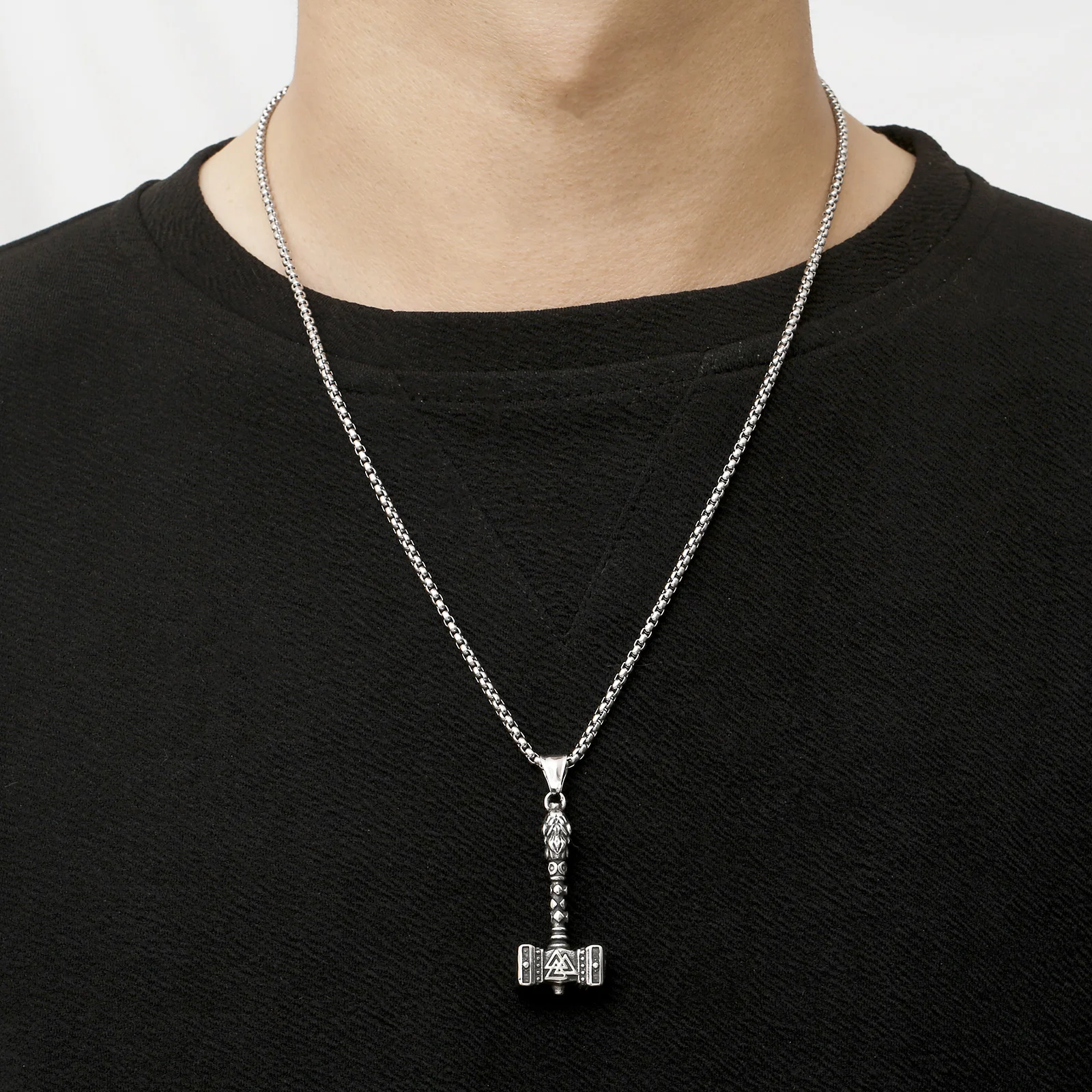 Punk Hip Hop Nordic Viking Thunder God Hammer Odin Totem Wolf Pendant Necklace Stainless Steel Long Chain For Men Boyfriend Gift