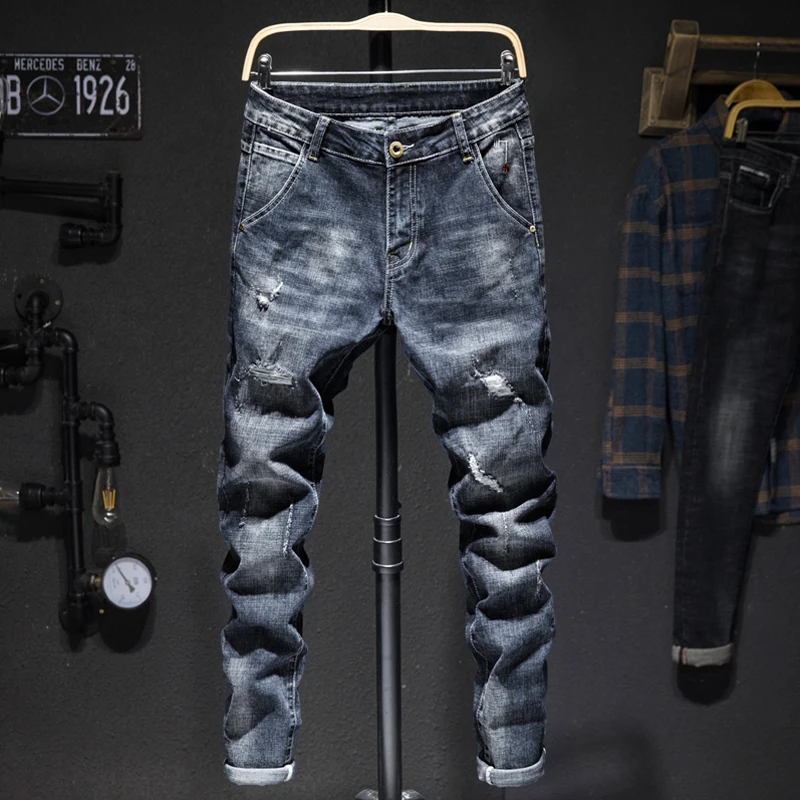 

Fashion Ripped Men's Slim Jeans Streetwear Trendy Korean Beggar Holes Pants Autumn Stretch Personality Casual Denim Trousers