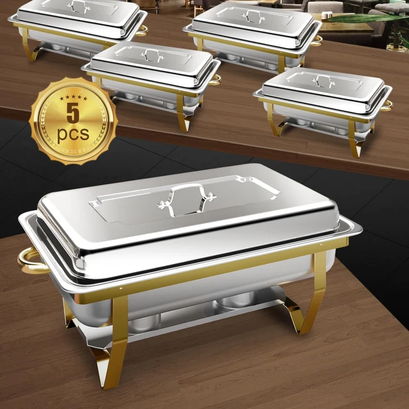 8 Qt 5 chafing dish buffet, gold full size stainless steel rectangular catering Chafer warmer set with trays pan lid fo