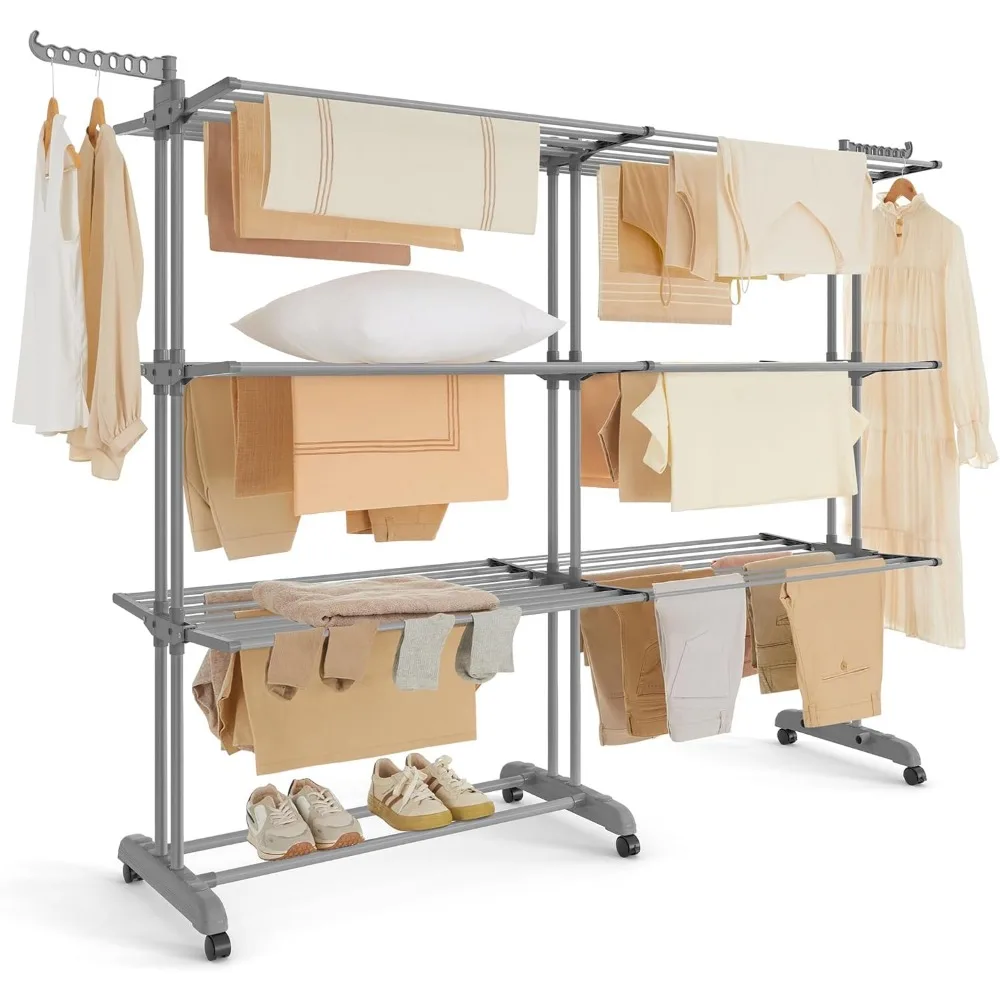 

Clothes Drying Rack 4-Tier, Foldable Laundry Drying Rack 69.9-Inch Tall, Extendable Rods, Stainless Steel, Rolling Clot
