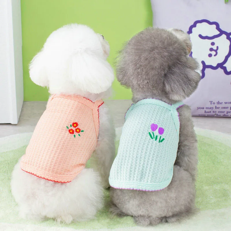 

Summer New Pet Lovely Vest Elastic Breathable Cotton Thin Clothing Small Medium Dog Embroidery Sling Clothes Pet Costume Apparel