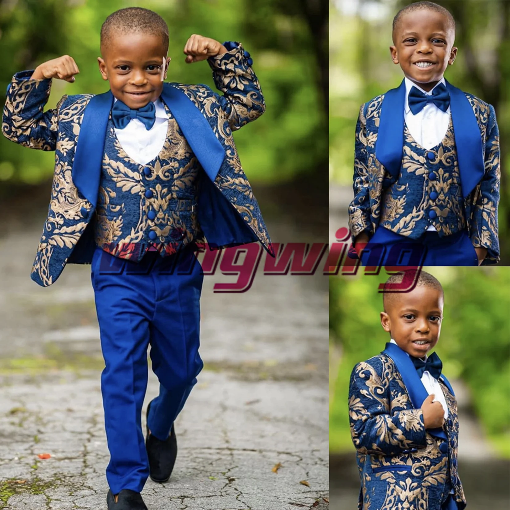 Royal Blue Boys Suit Wedding Gold Print Jacket Pants Vest Bow Tie Three-Piece Set Child Clothes costume enfant garçon mariage