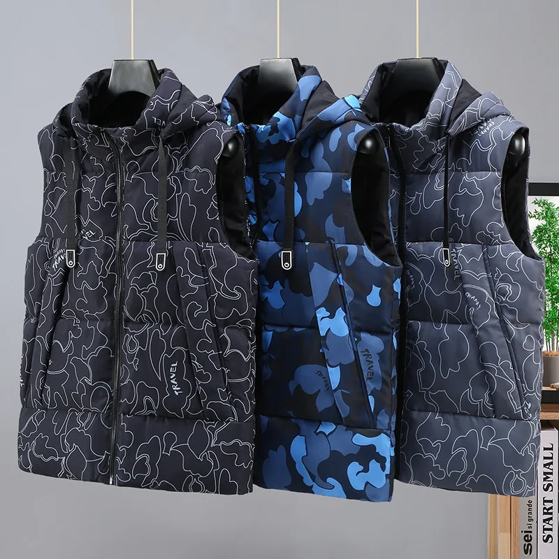 

Жилет с капюшоном и принтом, мужские зимние модные парки, куртка без рукавов, камуфляжный толстый теплый повседневный жилет с геометрическим рисунком, мужская одежда, молодежная одежда
