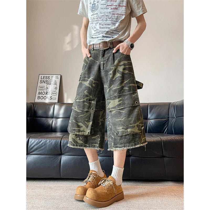 

Американская камуфляжная рабочая одежда в стиле ретро, широкие брюки, свободные повседневные мужские летние прямые модные джинсы на семь футов с несколькими карманами