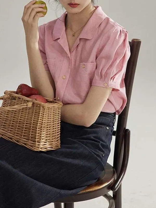 

NVYIS Retro Puff SVE Short SVE Shirt for Women Summer Commute Style Polyester Fiber Waist-Cinching Short Sleeve Color