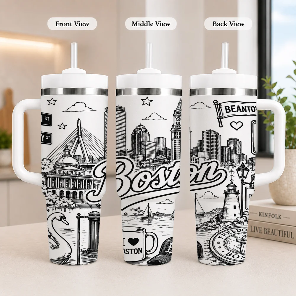 Boston Skyline Vacuum Flasks 40oz Insulated Tumbler with Handle, Straw and Lid, Stainless Steel Travel Cup