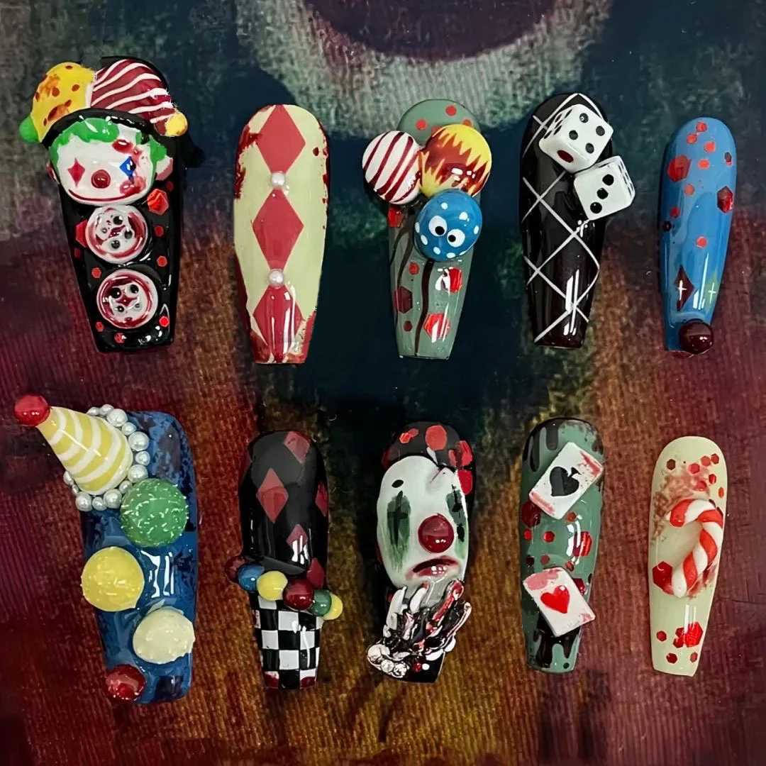 

High-Quality Handmade 3D Art Press On Nails Halloween Theme Horror Clown Coffin Shape Spicy Girl Style Detachable Wear Fake Nail