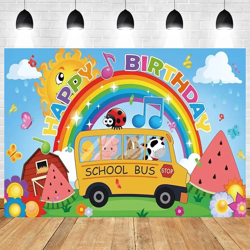 Cartoon Tier Wassermelone Schulbus Thema Geburtstags feier Baby party Fotografie Vinyl Hintergrund Kinderzimmer Dekor liefert