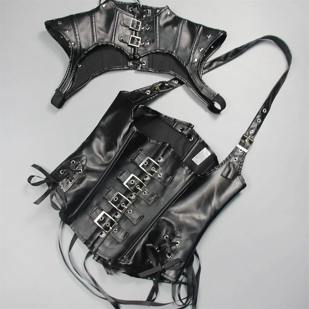 Picture 3: Steampunk Corset Vest Silver Black Leather Bustiers Jacket Armor With Shoulder Overbust Gothic Punk Burlesque Corselet Korsett