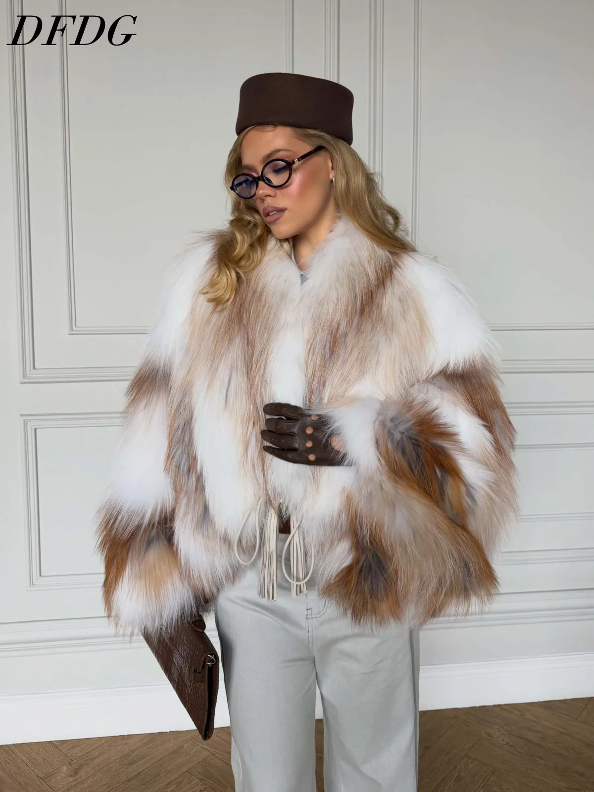 DFDG Women 2026 Shaggy Faux Fur Short Coat Stand Collar Drawstring Loose Fit Winter Warm Luxury Party Outerwear Fur Coat