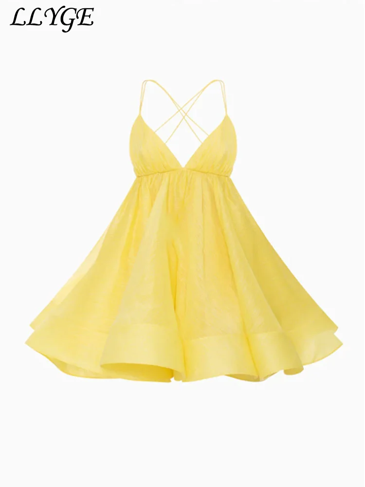 Beach Backless Short Puffy Sling Dress Women Sexy Lace Up Sleeveless A-line Dresses 2025 Summer Lady Vacation Seaside Solid Robe image 3