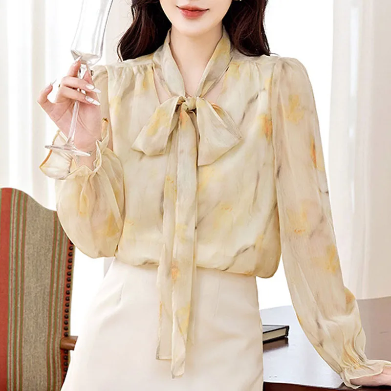 

New Long Sleeve Women Blouse Shirt Bow Collar Print Chiffon Blouse Shirt Women Tops Blouses Shirts Camisas De Mujer Blusas Q5092