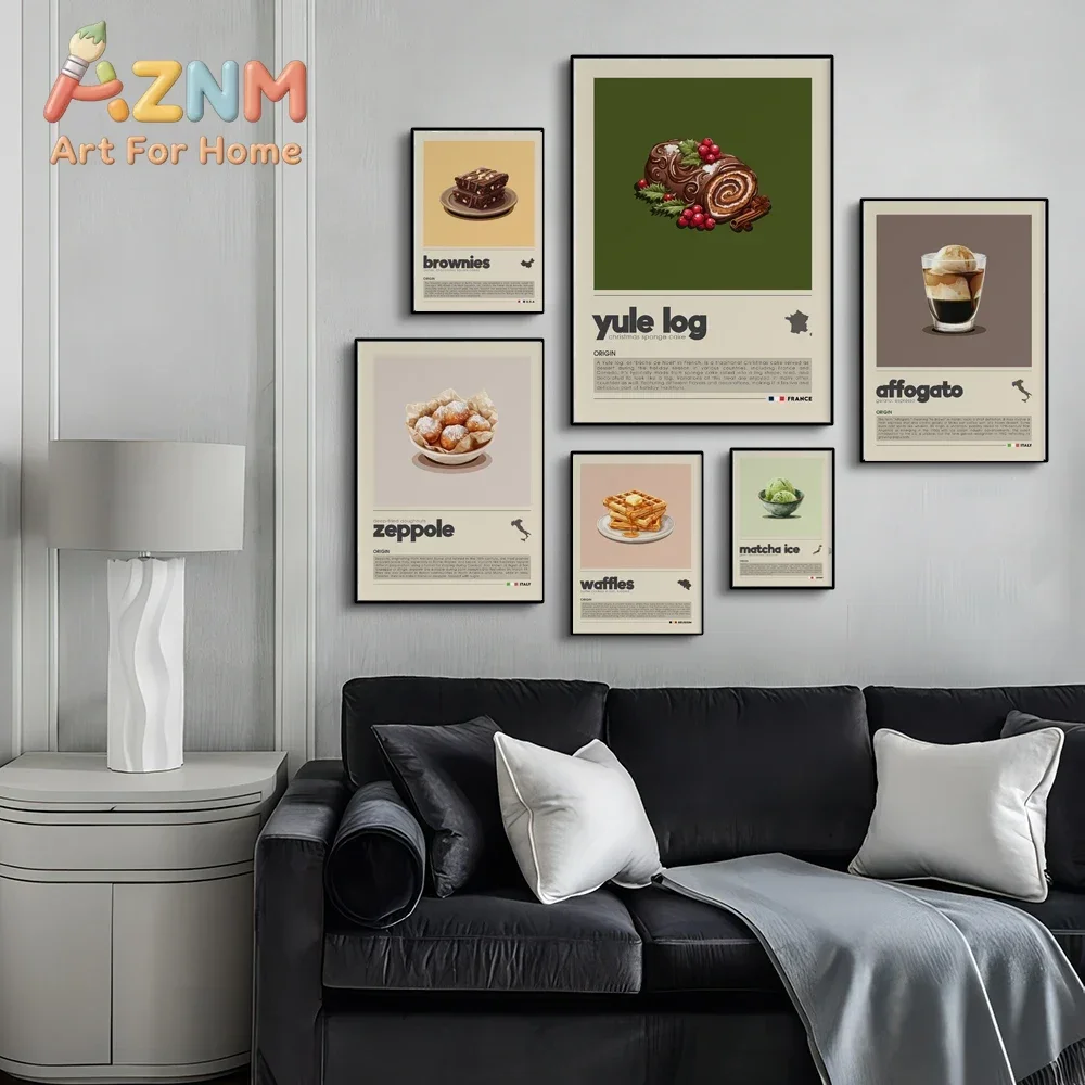French Minimalist Dessert Art Poster,Yule Log Cake,Zeppole,Matcha Ice,Beautiful Dessert Decor Aesthetic Mural,Cafe Bakery Decor
