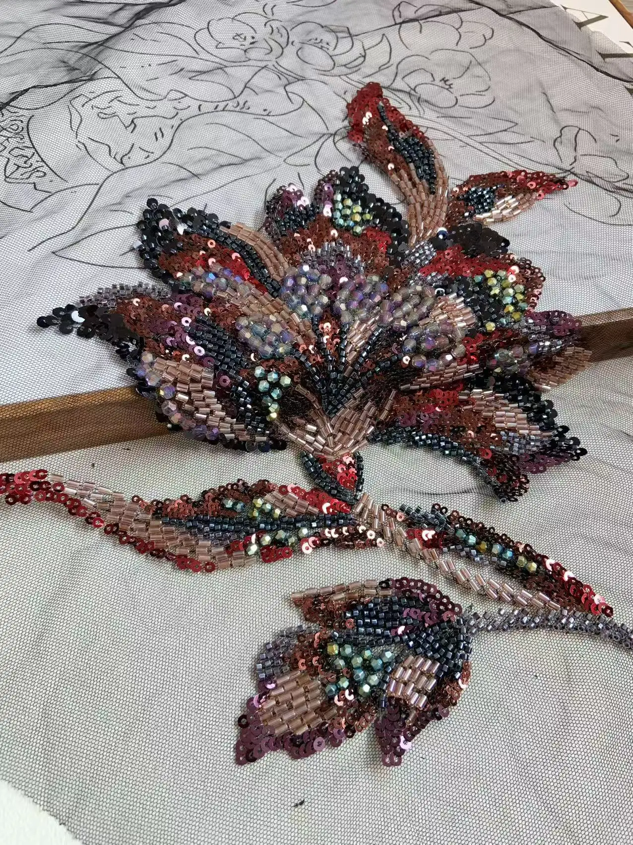 3D Black Lace Fabric with Luxury Red Beads Colorful Flower Heavy Applique for Ball Gown,Wedding Dress,Haute Couture Accessories