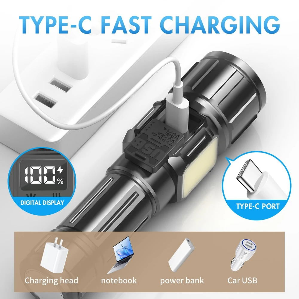 High Power LED Flashlight USB Rechargeable Long Range Spotlight Strong Light Lamp Tactical Torch Waterproof Zoom Outdoor Lantern