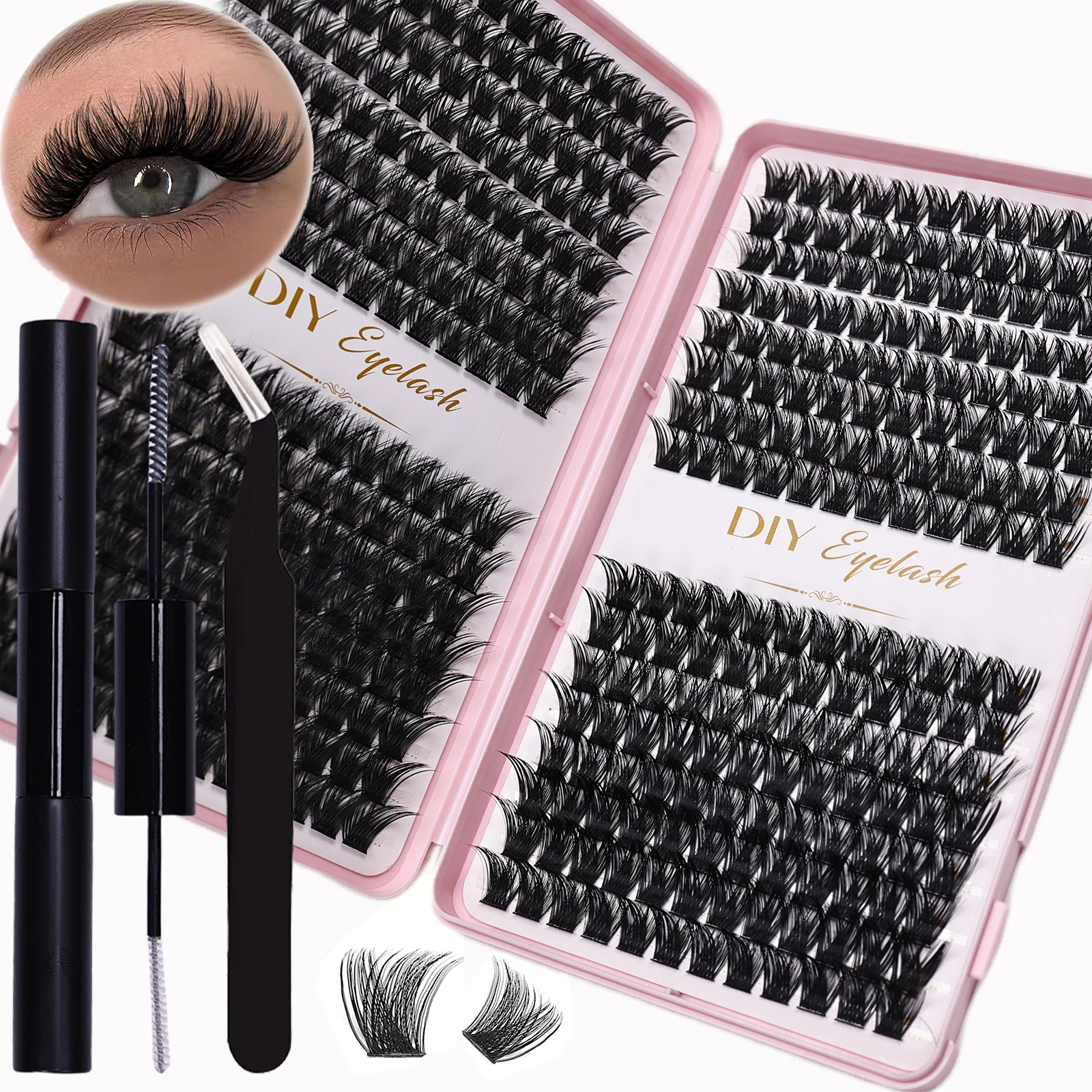 DIY Eyelash Extension Kit - 384pcs D Curl Cluster Lashes, Adhesive, Sealant and Tweezers for Home Use