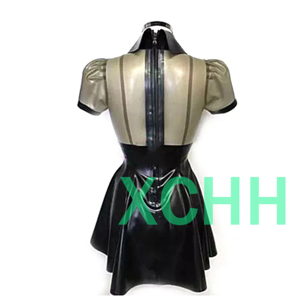 

Transparent and Black Sexy Maid Latex Dress with Back Zip Sleeve Latex Rubber Gummi Dress Uniform Playsuit for Women