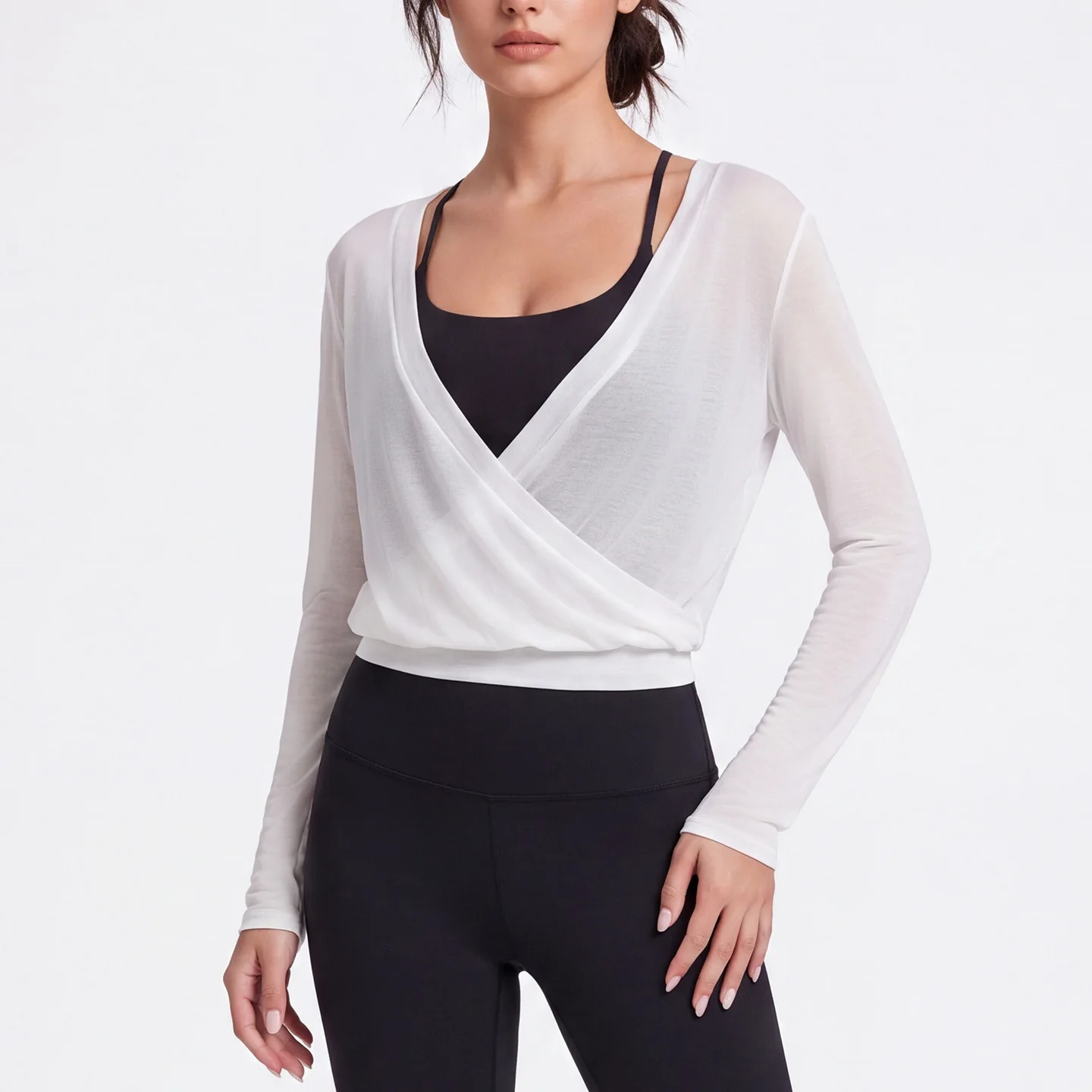 Women's Cross Wrap Tie Smock Tops Yoga Shirts Long Sleeve Deep V Neck Solid Color Slim Fit Smock Ladies Yoga Workout Gym Vest
