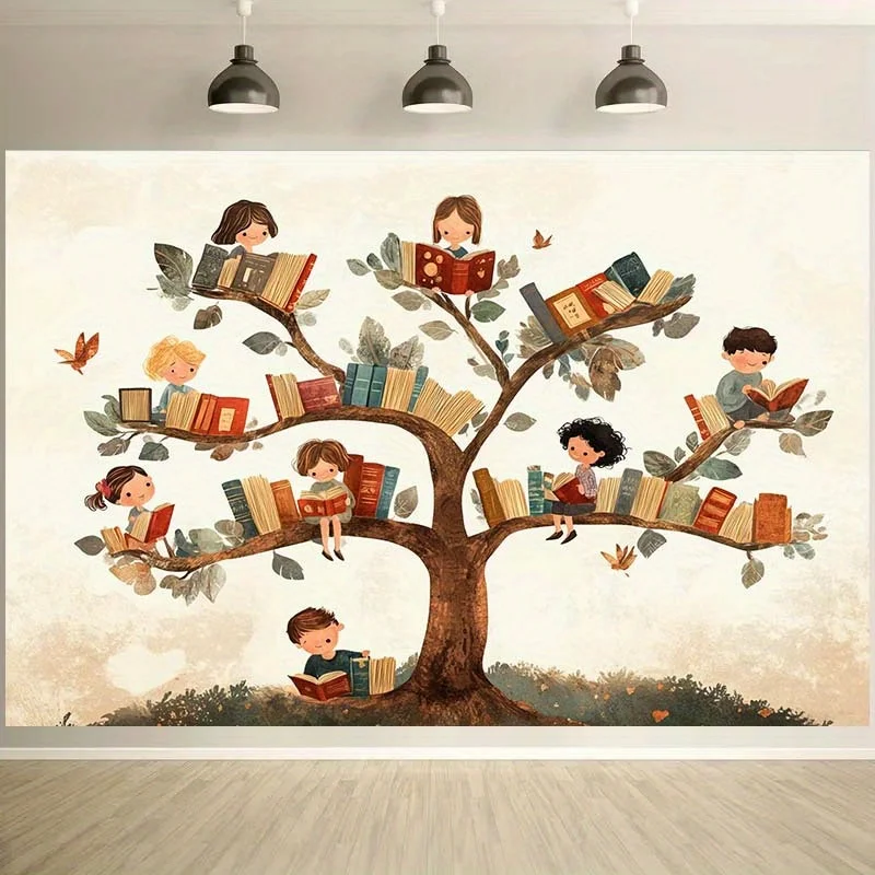 Plancheau 2D, bannière 2D, tapisserie sur le thème de l'Arbre du Connaissance, avec livres, branches et feuilles