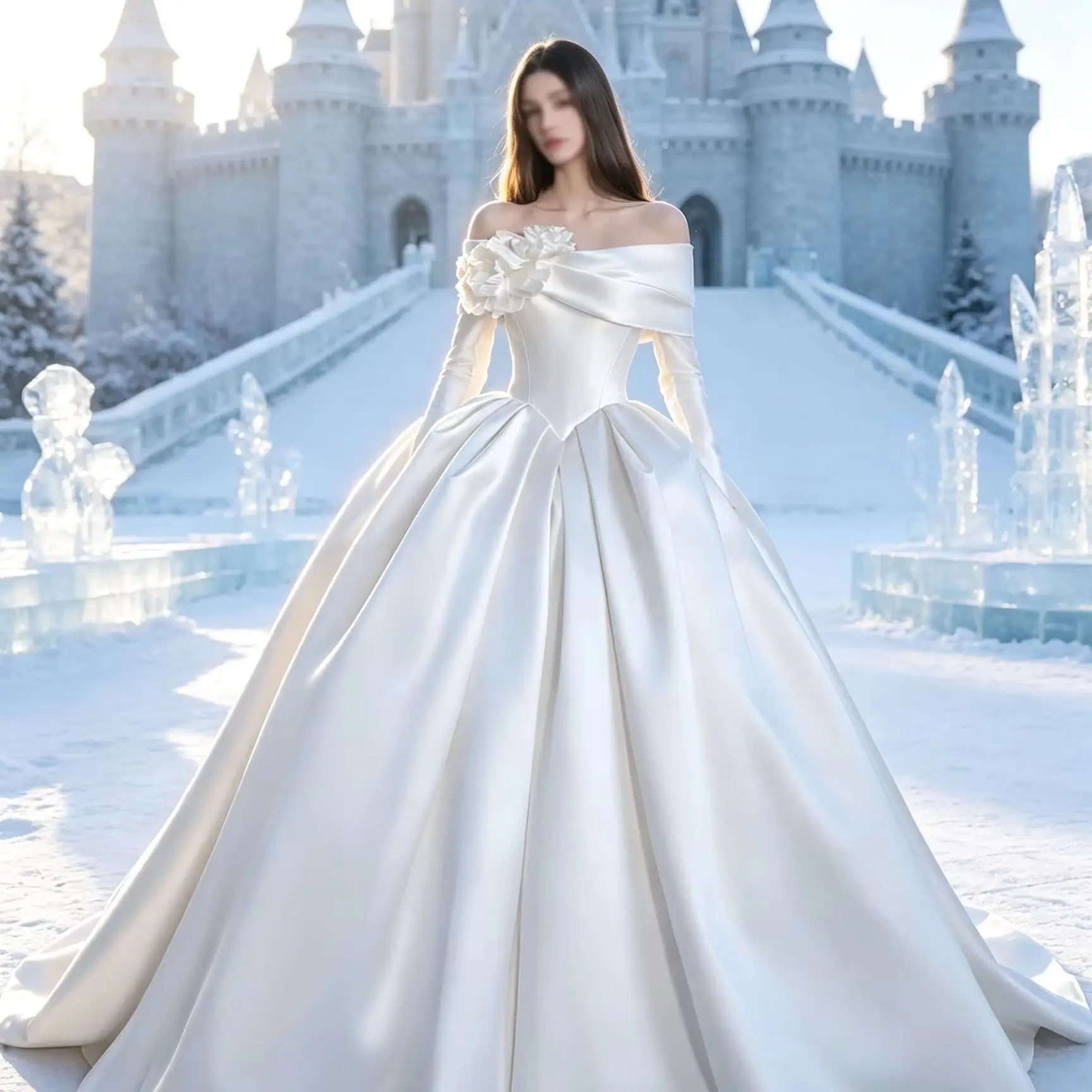 Off‑the‑Shoulder 3D Floral Satin Wedding Dress For Women Long Sleeve Fitted Corset Bridal Gown Luxury Voluminous Ball Gown Dres