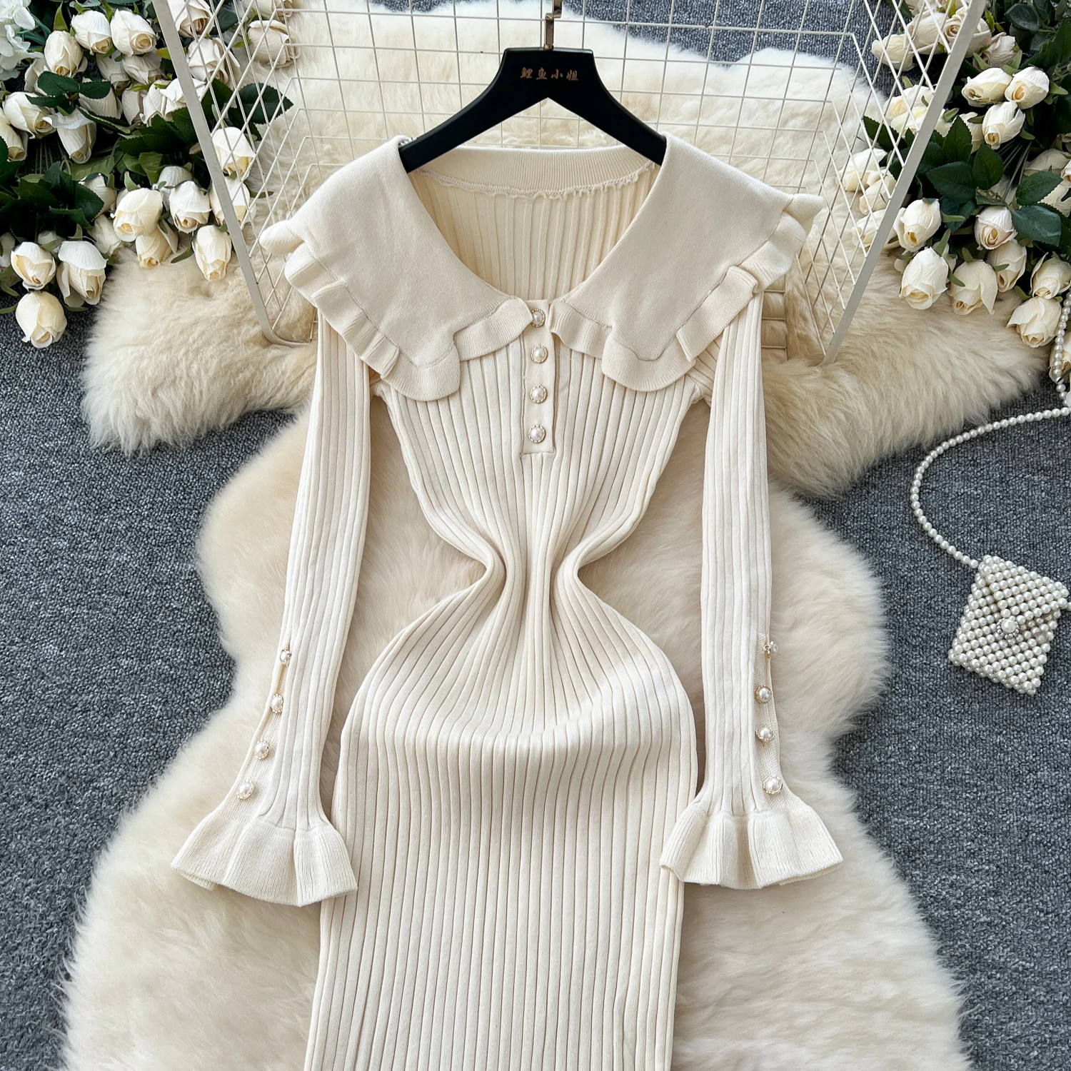 2024 Autumn New Retro Elegant Contrast Color Loose Long Sweater Dress Women Fashion A-line Long Sleeve Dress Wholesale J521 image 5
