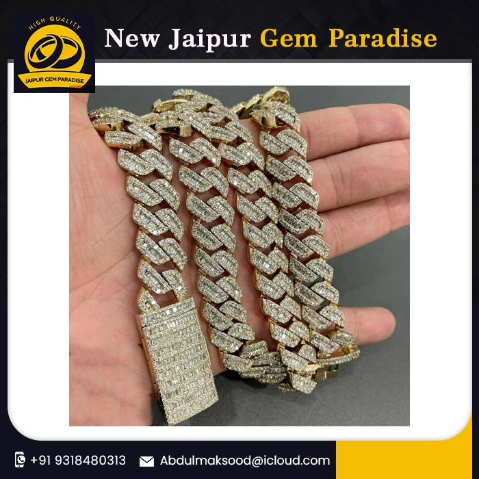 17mm Baguette Miami Cuban Link Chain Vvs Moissanite Diamond Stubbed 925 Sterling Silver White Gold Plated with Baguette Lock.