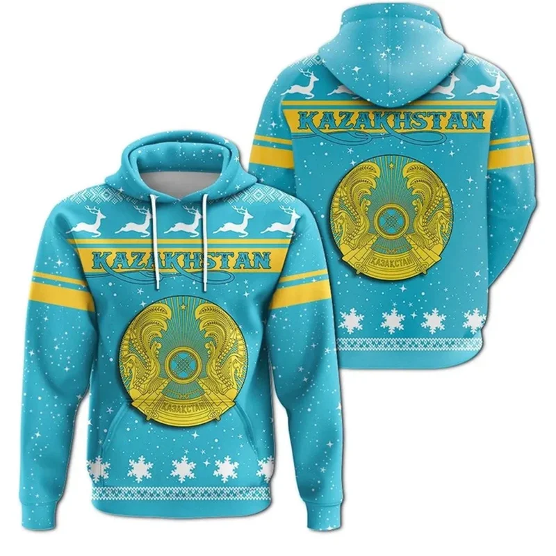 The Republic-of Kazakhstan Map Flag 3D Printing Hoodies Kazakhstan Coat Of Arms Graphic Hooded Sweatshirts Vintage Mens Clothing