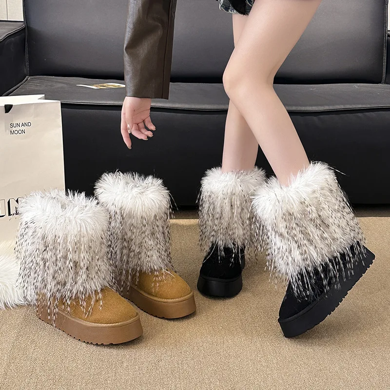 

Thick-soled Women's Winter Mid-Calf Boots for Outdoor Wear2025Furry Boots High Heel High Top Faux Fur Snow Boots