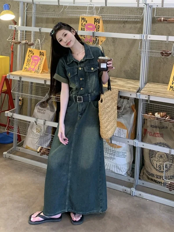 

Новая летняя джинсовая юбка А-силуэта больших размеров для женщин, в стиле ретро, с пуговицами, коротким рукавом, с завышенной талией, в стиле Гонконг