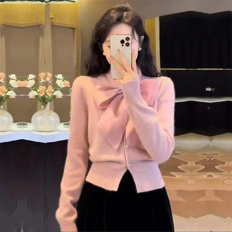 

New French Autumn Lace Up Bow Cardigan Women Elegant Fashion Puff Sleeve Slim Cashmere Casual Sweater Coat Sweet Knitwear Tops
