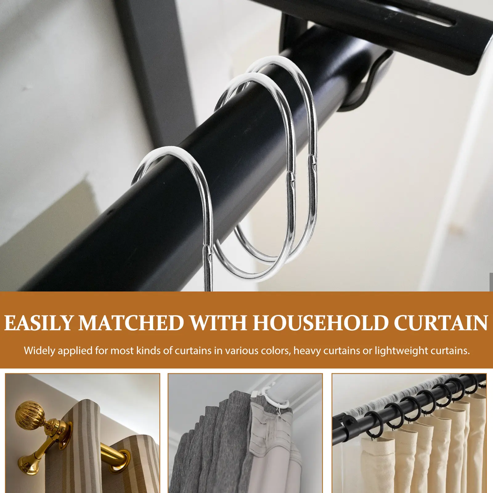Shower Curtain Rings 30 Pack Rustproof Metal Hooks for Bathroom Curtain Rod Track Oval Hanging Loops