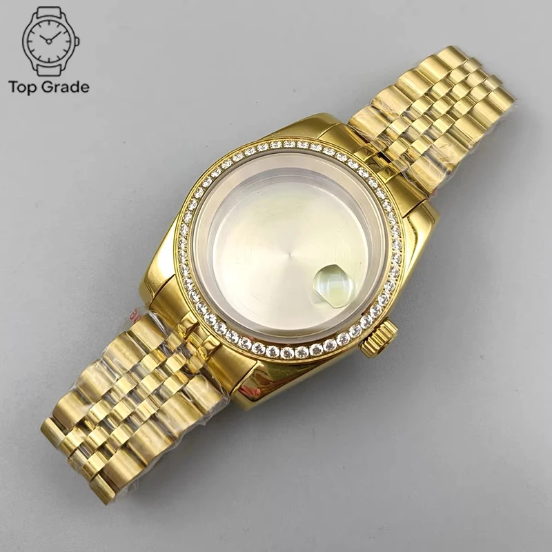 TG NH35 316L Stainless Steel Case 36mm/39mm Gold Diamonds Case+Jubilee Sapphire Magnifying Glass Case Fit NH35/NH36 Movement