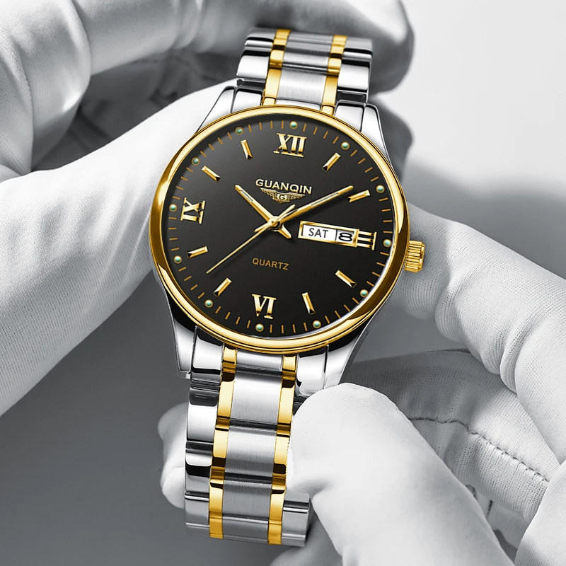 Luxury Men Quartz Watch GUANQIN Brand Stainless Steel Case Date Week Business Leisure 50M Waterproof Luminous Wristwatches