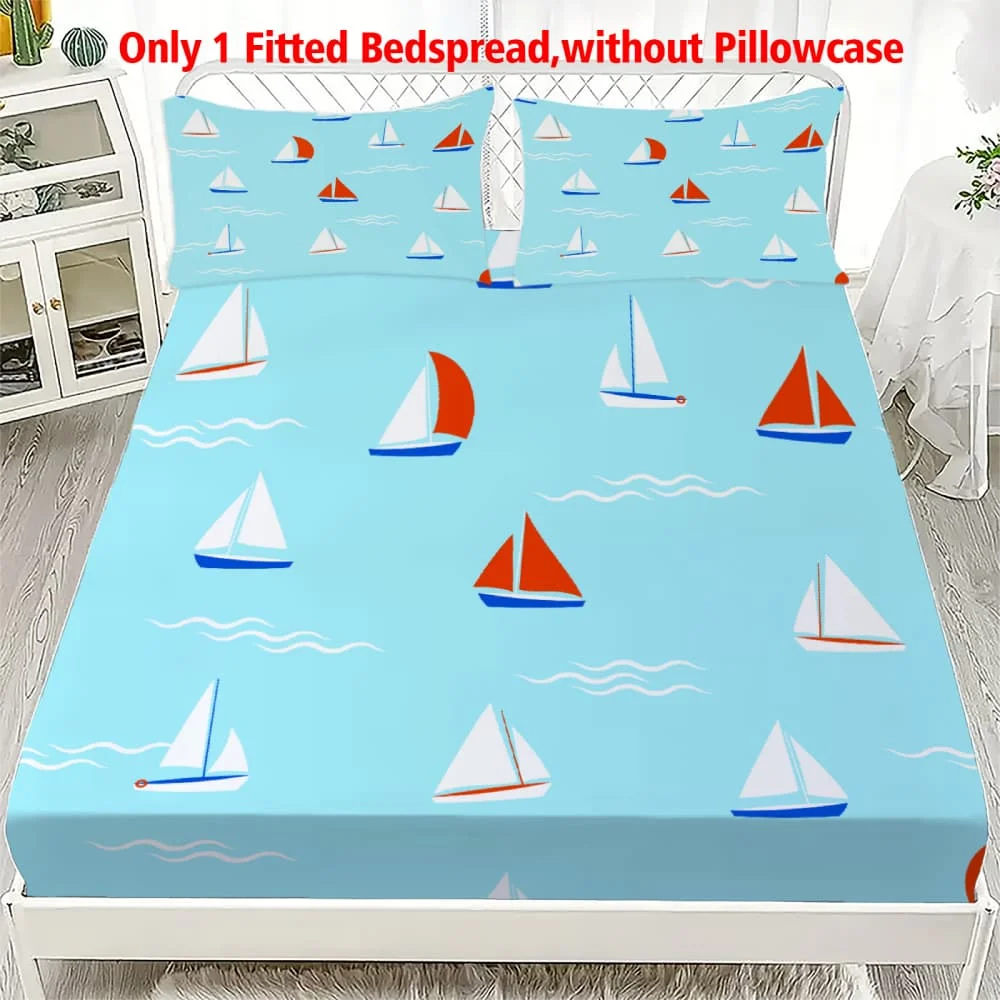 1 Stück Blaues Cartoon-Segelboot & Wellen-Print Spannbettlaken mit Tiefen Taschen, Elastischer Matratzenbezug für Einzel-, Doppel-, Queen- und King-Betten, Schlafzimmer-Dekoration