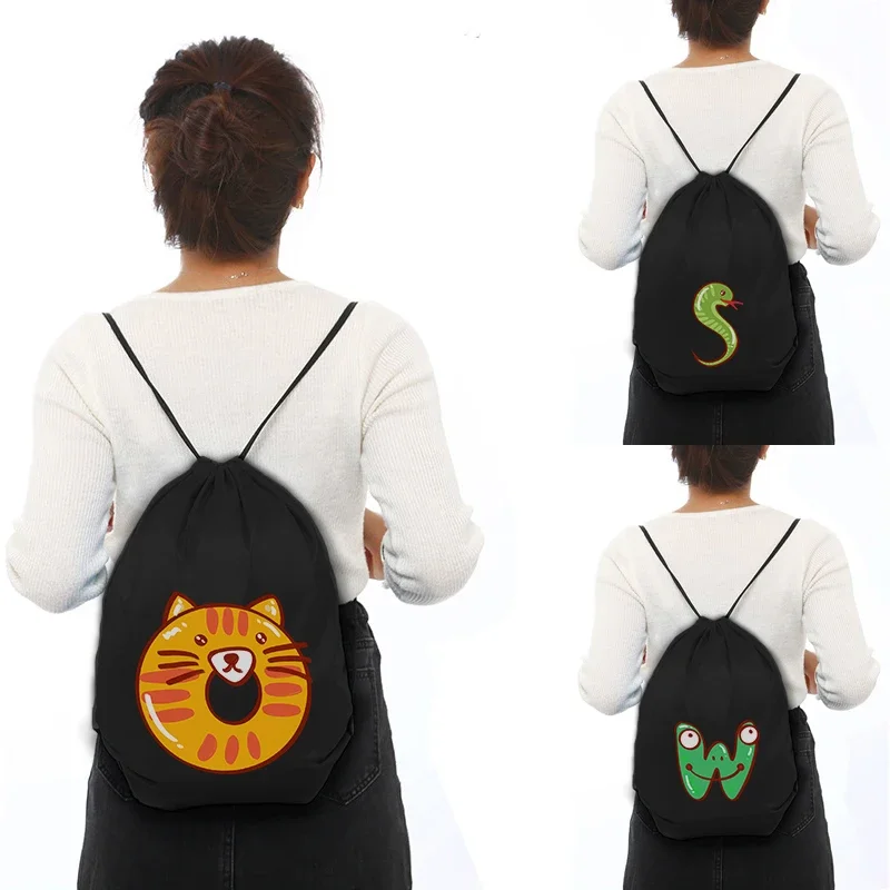 Backpack for Gym Kawaii Alphabet Print Men Women and Portable Sport Bags White Drawstring Bag Childrens School Backpack