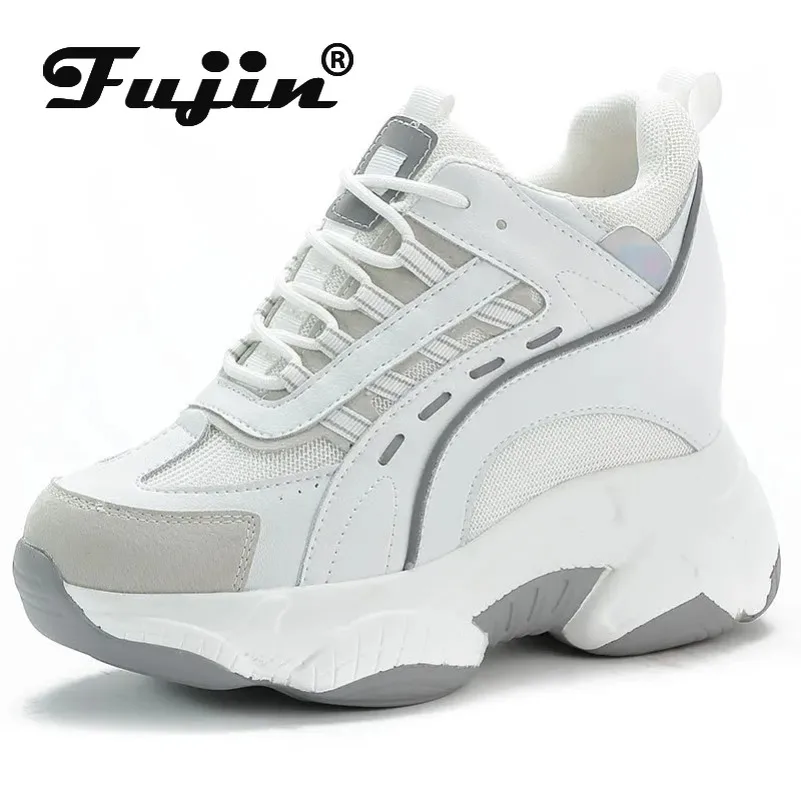 Fujin Platform Wedge Sneakers Chunky Shoes Dad Genuine Leather 9cm Heel Increased Height Vulcanized Shoes Boots Za