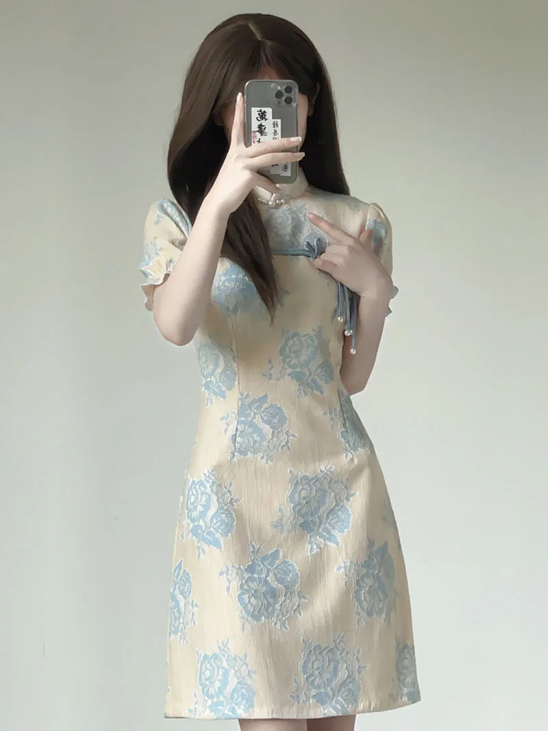 

2023 Women Short Cheongsam Summer Floral Chinese Style Lace Dress Vintage Casual Ribbon Improved Qipao Blue Beige S To XXL