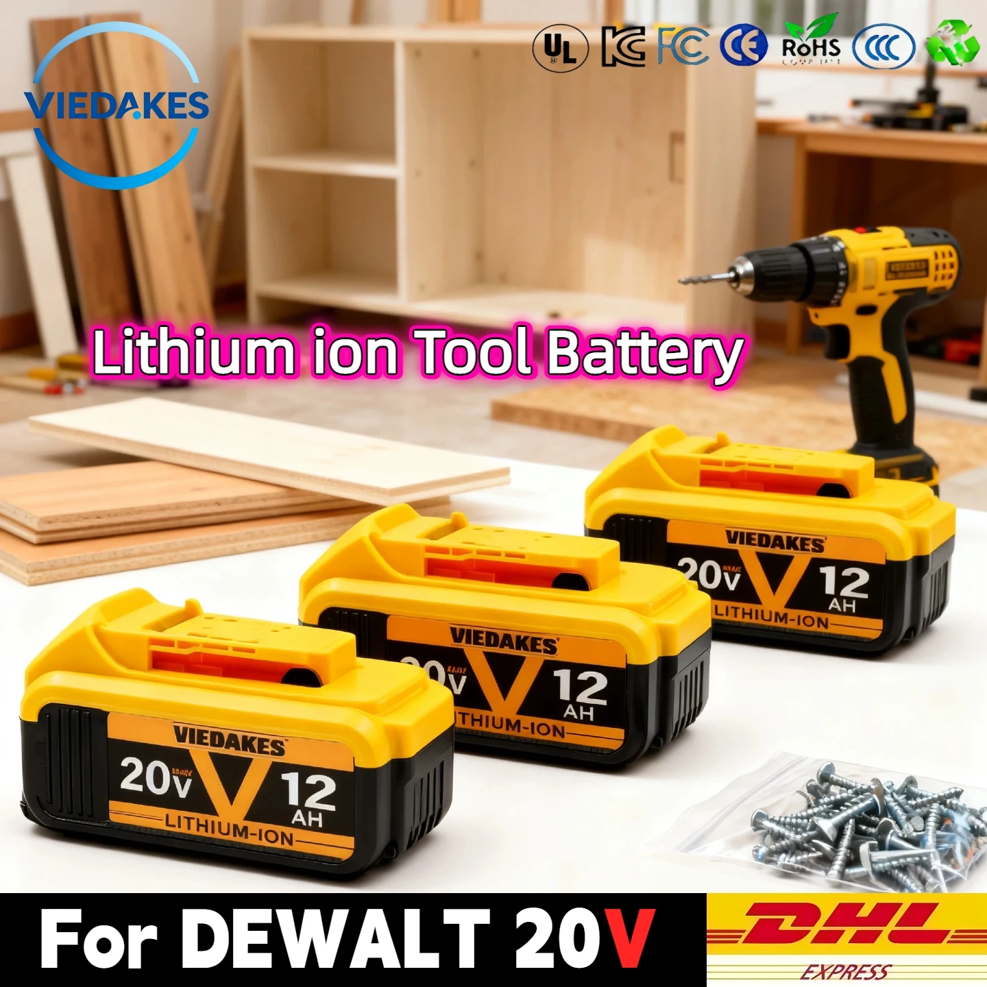 

20V 12.0Ah Li-Ion Replacement Battery - for Dewalt 20V Tools DCB200 DCB207 DCB208, Rechargeable & High Performance