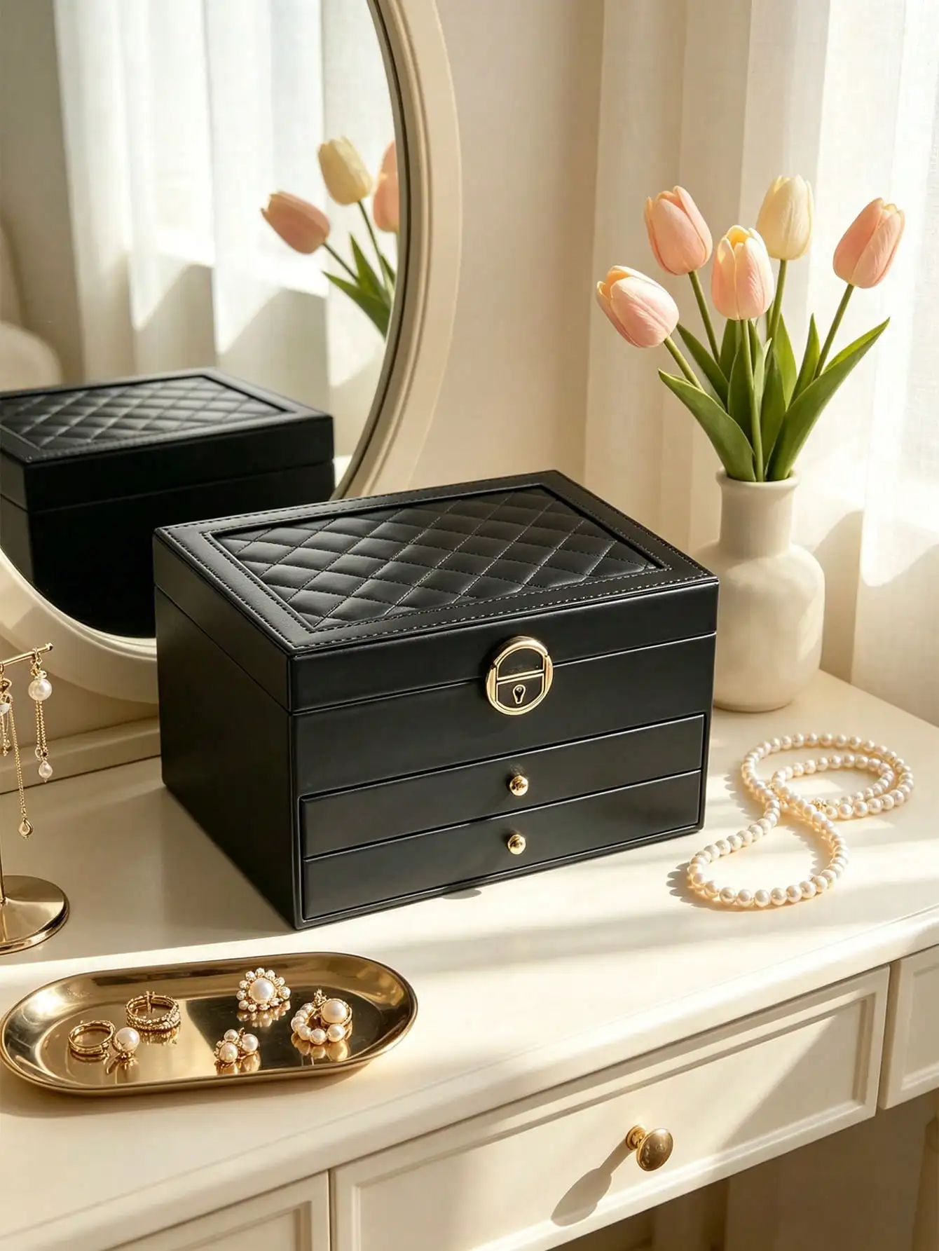 1pc Diamond-Shaped PU Leather Multi-Layer Jewelry Box, Women/Girls Decorative Lock Jewelry Box, Luxury Large Capacity Multi-Layer Jewelry Storage Box