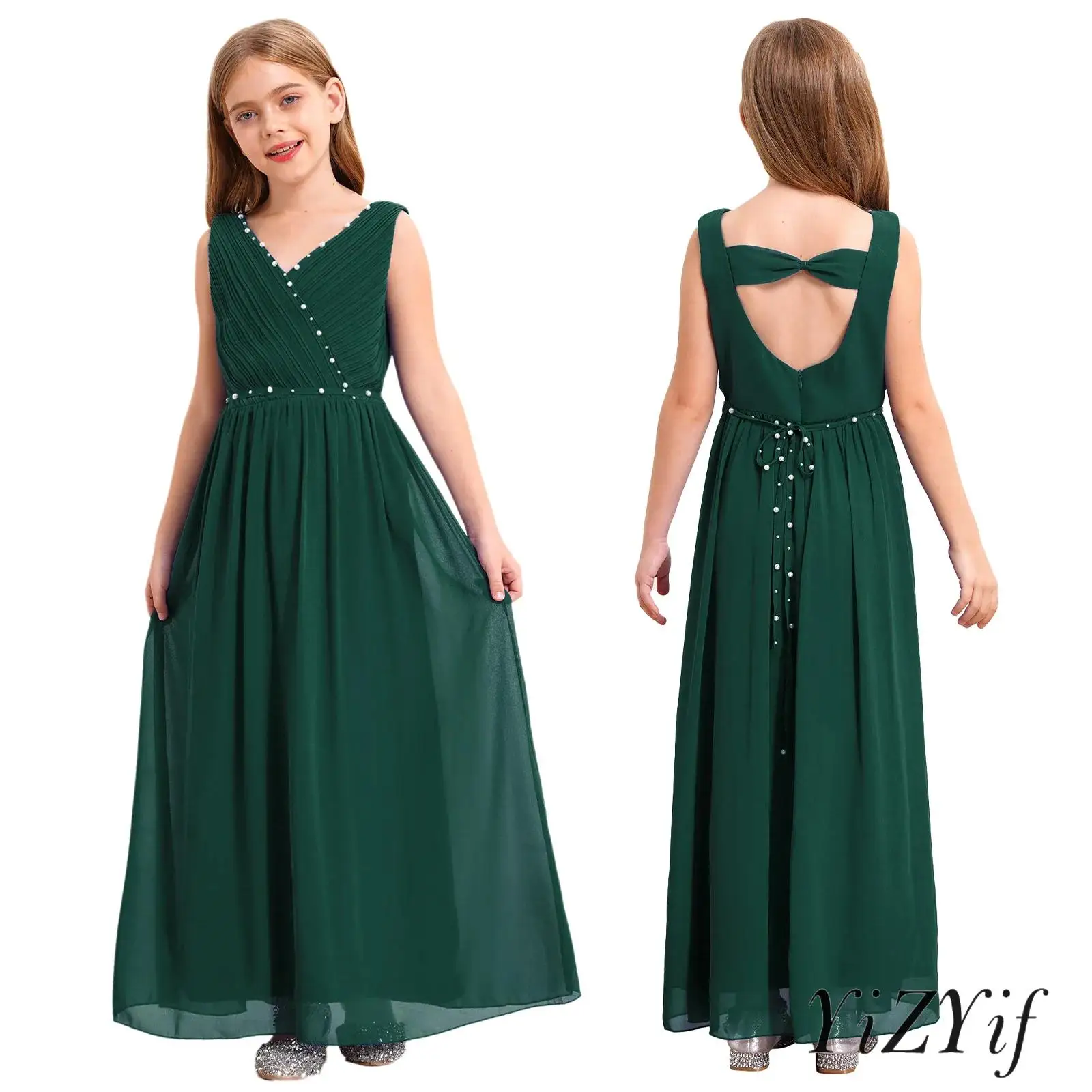 

Girls Solid Chiffon Modern Dancewear Wedding Junior Bridesmaid Prom Formal Party Full Length Flower Girl Dress Ball Gown