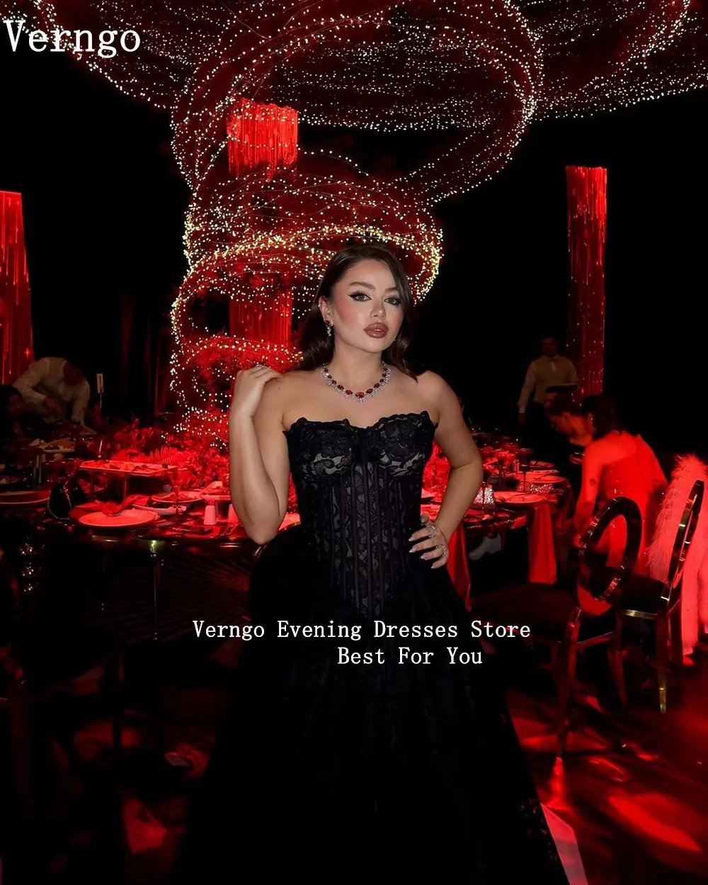 Verngo Black Lace Evening Dress Sweetheart A Line Ball Ankle Prom Gowns Women Fomal Prom Party Dress Customized