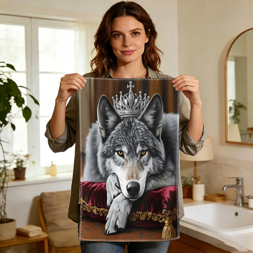 1pc/2pcs Kitchen Towel with King Wolf and Crown Print-Super absorbent, reusable polyester dishcloths perfect for home decor, coo