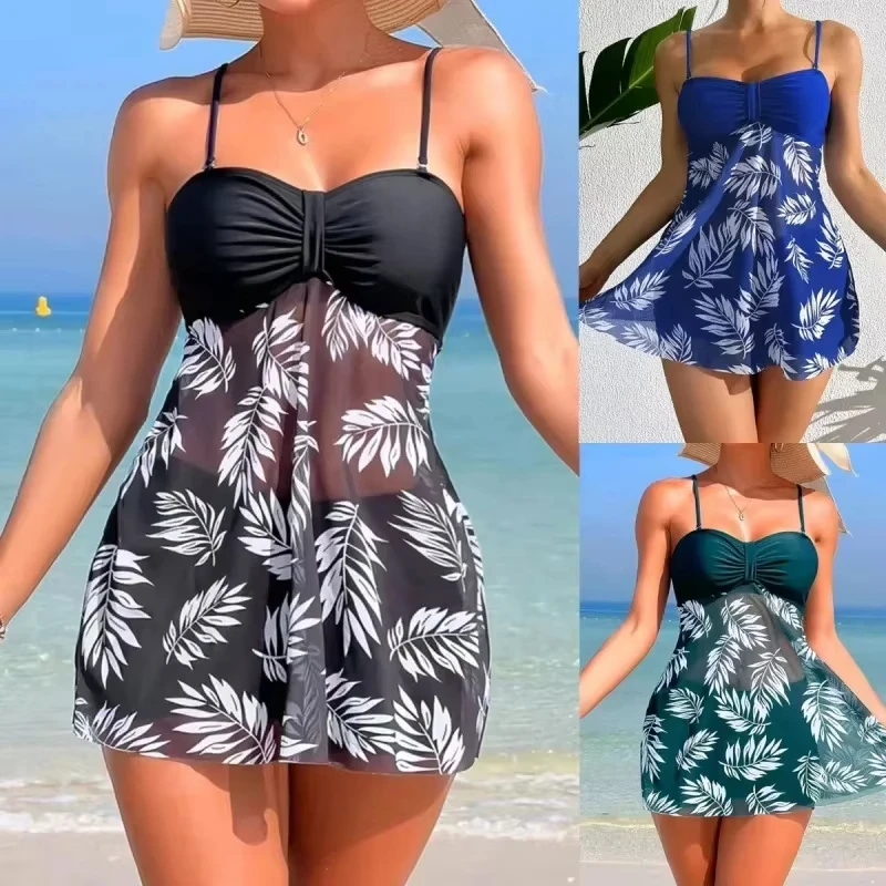 Abito corto estivo Costume da bagno diviso Costume da bagno sexy da donna a vita alta con stampa a rete ispessita Abbigliamento da spiaggia