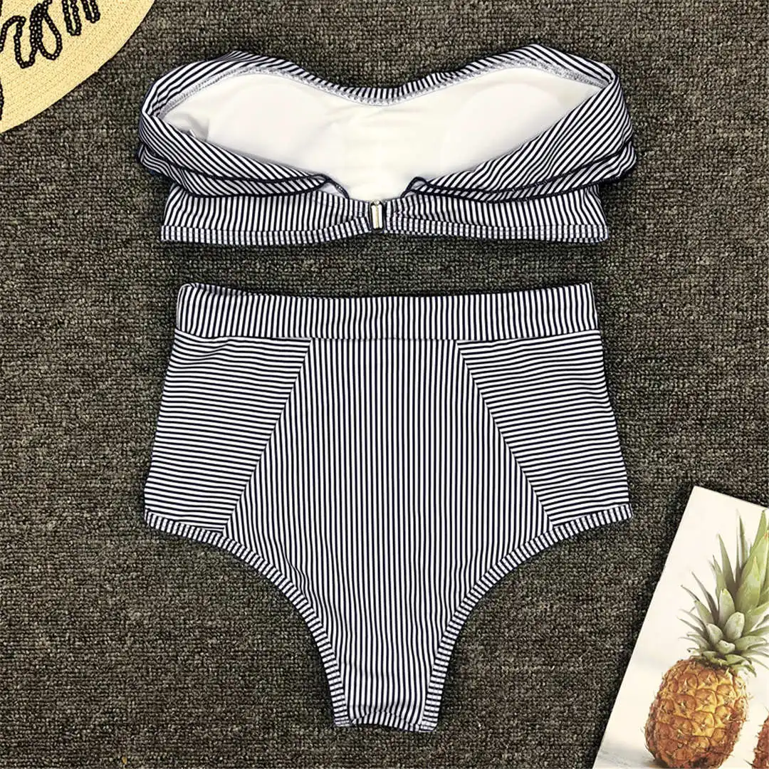 Gestreifter Bandeau-Bikini mit Rüschen, Damen-Badeanzug, hochtailliert, zweiteiliger Bikini, Badebekleidung, Badeanzug, Modell V1183. – Detail 17