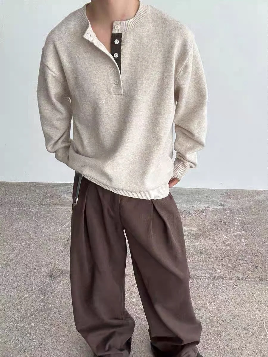 

American Retro Color Blo Henry Collar Sweater Men's Loose Casual Knitted Top Autumn Winter Versatile Comfortable Warmth