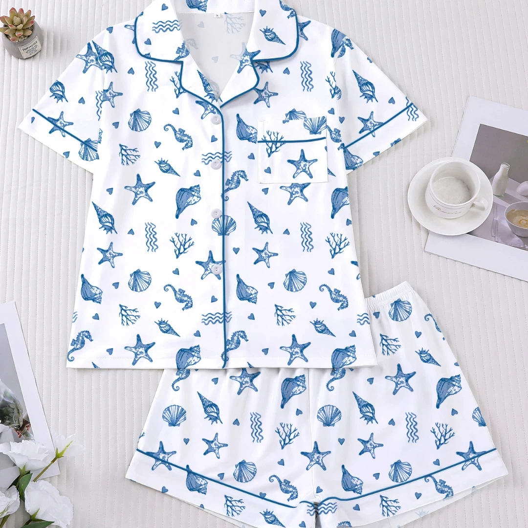 

Пижама в морском стиле, синяя, с принтом морских животных, с отложным воротником, короткими рукавами и шортами, комплект для дома и отдыха, одежда, подарки.