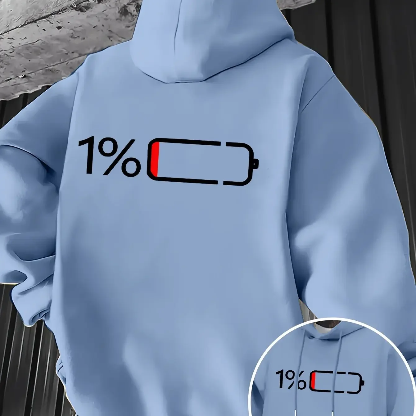 Street Humor Low Power 1% Battery Hoodie For Men Simple White Red Icon Print Soft Loose Daily Casual Sweatshirt