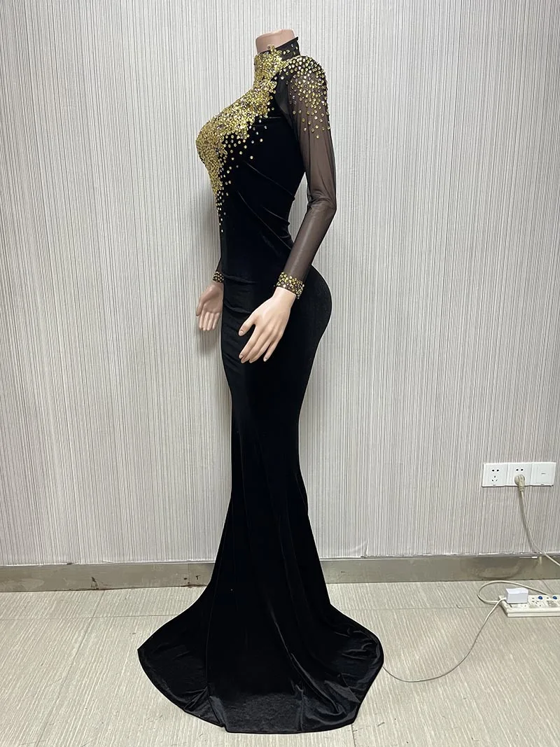 Customized Long Sleeve Mesh lace Transparent High Elastic Sequins Sexy Tight Dress Birthday Party  Dress Performance Dress