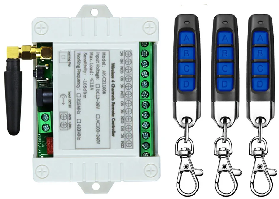 العالمي اللاسلكي للتحكم عن بعد تيار مستمر 12 فولت 24 فولت 36 فولت 4CH 10A التتابع وحدة الاستقبال RF التبديل التحكم عن بعد لبوابة المرآب فتاحة