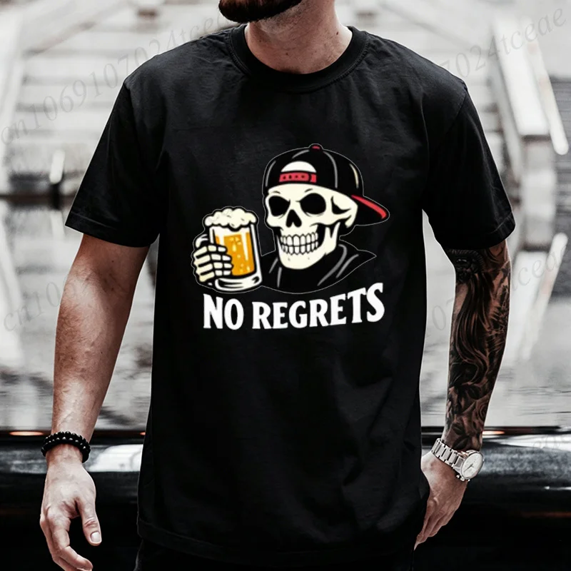 Men Gothic Skeleton Drinking Beer T-shirt Funny No Regrets Beer Quotes Graphic T-Shirts Punk Streetwear Oversized Tee Shirts